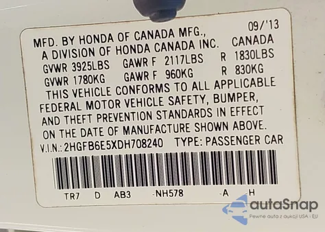 2013 Honda Civic Si z USA, uszkodzony, nr VIN 2HGFB6E5XDH708240